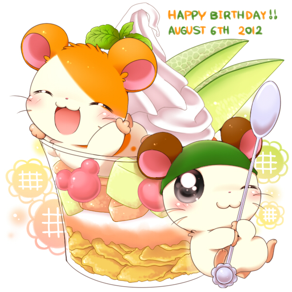 brown_fur cappy duo eyes_closed flower food fur hamster hamtaro hamtaro_(series) hat mammal one_eye_closed open_mouth orange_fur plant rodent simple_background spoon sunflower tongue white_background white_fur wink アイミ