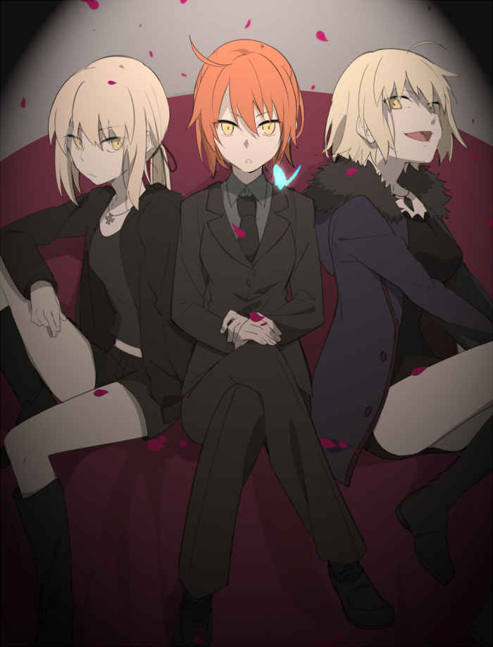 :d ahoge aikanm artoria_pendragon_(all) bangs black_camisole black_neckwear black_shorts blonde_hair boots camisole closed_mouth commentary_request cross cross_necklace crossed_legs eyebrows_visible_through_hair fate/grand_order fate_(series) formal fujimaru_ritsuka_(female) fur_trim hair_between_eyes hood hoodie jacket jeanne_d'arc_(alter)_(fate) jeanne_d'arc_(fate)_(all) jewelry knee_boots looking_at_another looking_at_viewer multiple_girls necklace necktie open_clothes open_hoodie open_jacket open_mouth orange_hair parted_lips petals saber_alter short_shorts shorts sitting smile suit tuxedo wicked_dragon_witch_ver._shinjuku_1999 yellow_eyes