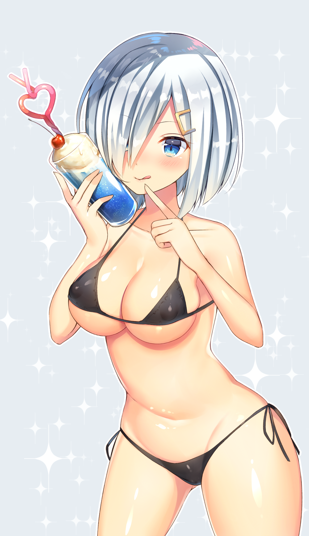 bikini black_bikini blue_eyes blush breasts cherry cleavage collarbone covered_nipples cowboy_shot crazy_straw cup drink drinking_glass drinking_straw food fruit grey_background hair_ornament hair_over_one_eye hairclip hamakaze_(kantai_collection) heart_straw highres holding holding_cup ice_cream ice_cream_float kantai_collection large_breasts medium_breasts micro_bikini navel ntk_(7t5) panties shiny shiny_clothes shiny_skin short_hair side-tie_bikini silver_hair simple_background skindentation smile solo sparkle strap_gap swimsuit tongue tongue_out underwear