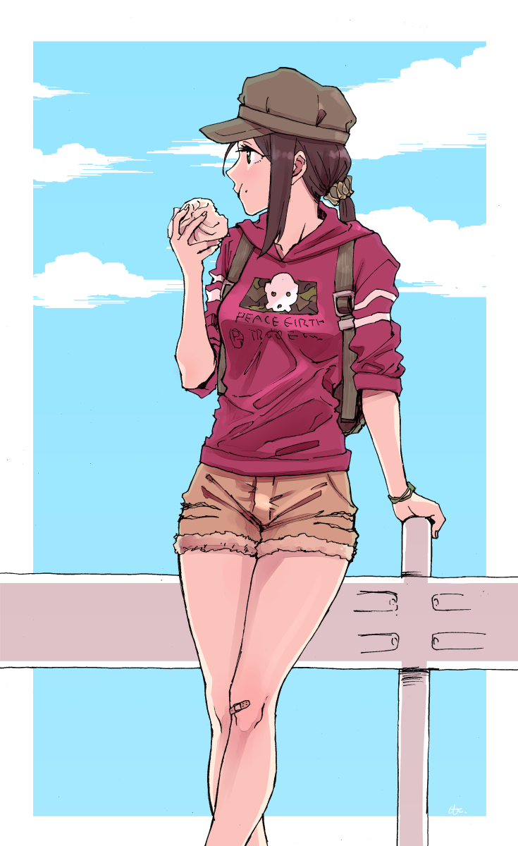 against_railing backpack bag bandaid bandaid_on_knee blue_background blue_sky bracelet brown_eyes brown_hair clothes_writing cloud crossed_legs crumbs cutoffs day eating fingernails guard_rail highres hood hoodie idolmaster idolmaster_cinderella_girls jewelry leaning_on_object legs looking_to_the_side outside_border ponytail scrunchie shorts sidelocks simple_background sitting sky sleeves_pushed_up solo thighs watanukin_(etson122127) yamato_aki
