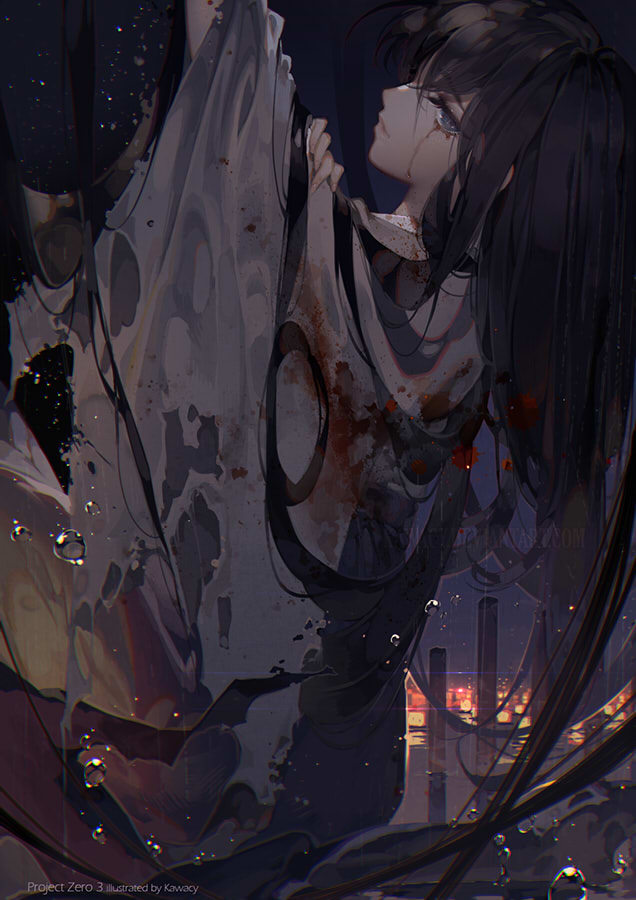 artist_name bangs black_hair blood blood_stain blue_eyes commentary_request eyebrows_visible_through_hair fatal_frame_3 ghost japanese_clothes kawacy long_hair looking_at_viewer looking_back solo torn_clothes very_long_hair water_drop watermark web_address yukishiro_reika