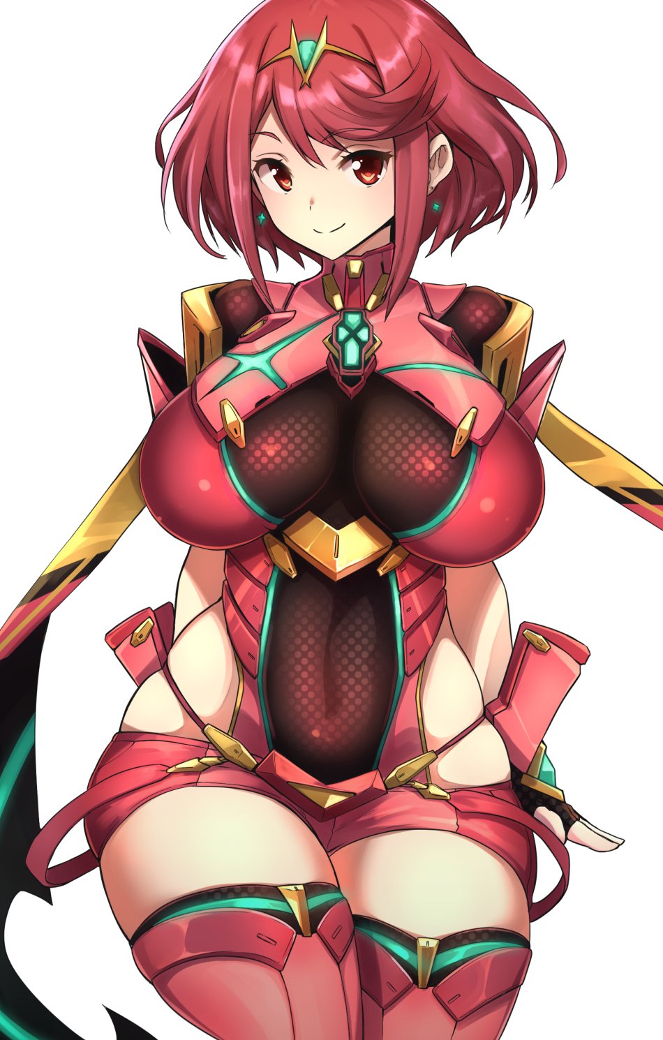 arms_behind_back bad_id bad_twitter_id blush breasts circlet cowboy_shot curvy earrings fingerless_gloves from_behind gloves highres homura_(xenoblade_2) huge_breasts jewelry looking_at_viewer navel nuezou red_eyes red_hair red_legwear short_hair short_shorts shorts simple_background skindentation smile solo thick_thighs thigh_gap thighhighs thighs tiara white_background wide_hips xenoblade_(series) xenoblade_2