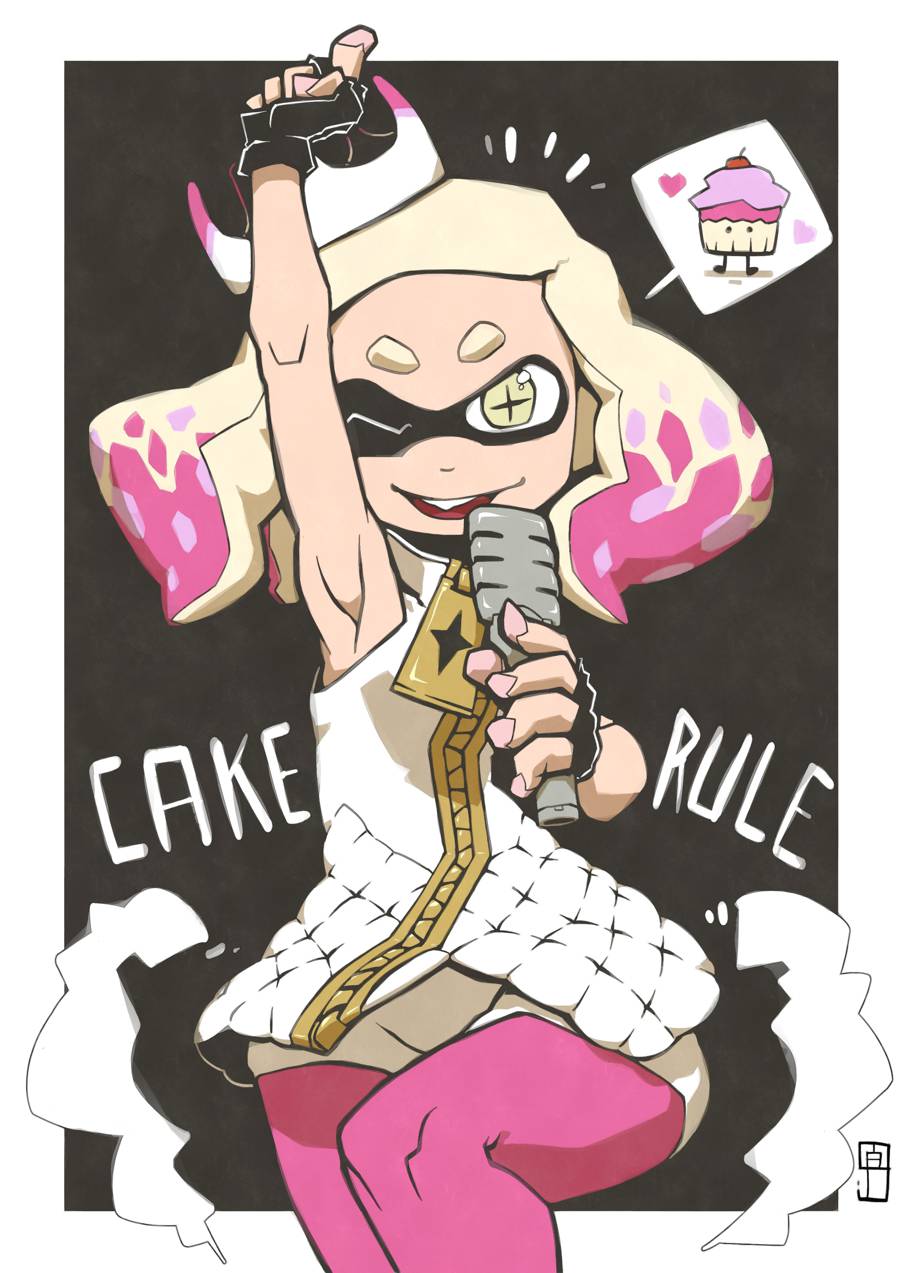 1girl ;d arm_up armpits bare_arms bare_shoulders blonde_hair cake chawalit_adsawawalanon commentary cowboy_shot crown cupcake domino_mask dress eyebrows fingerless_gloves food gloves hand_up highres hime_(splatoon) holding holding_microphone long_hair looking_at_viewer mask microphone multicolored_hair one_eye_closed open_mouth outstretched_arm pantyhose pantyhose_under_shorts pink_hair pink_legwear pointing pointing_up short_dress shorts sleeveless smile solo splatoon_(series) splatoon_2 standing symbol-shaped_pupils tentacle_hair white_dress yellow_eyes zipper zipper_pull_tab