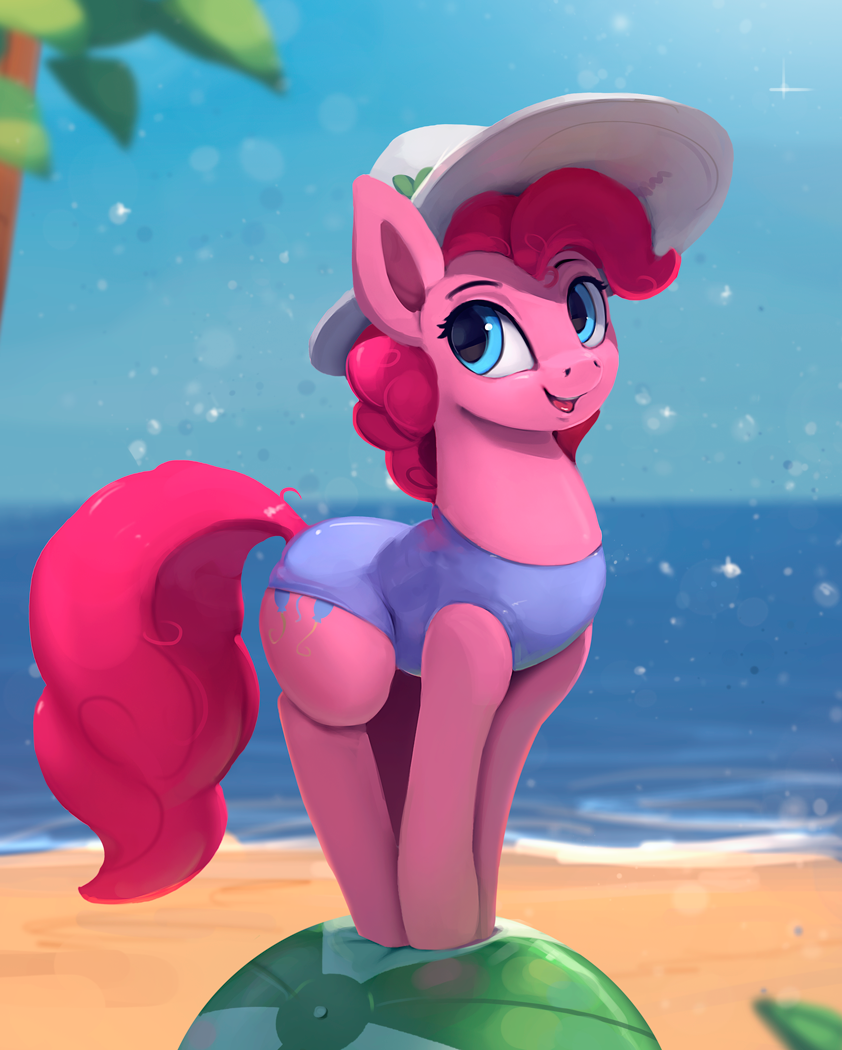 2017 beach clothing cutie_mark earth_pony equine female feral friendship_is_magic hair hat horse mammal my_little_pony outside pinkie_pie_(mlp) pony rodrigues404 seaside solo swimsuit