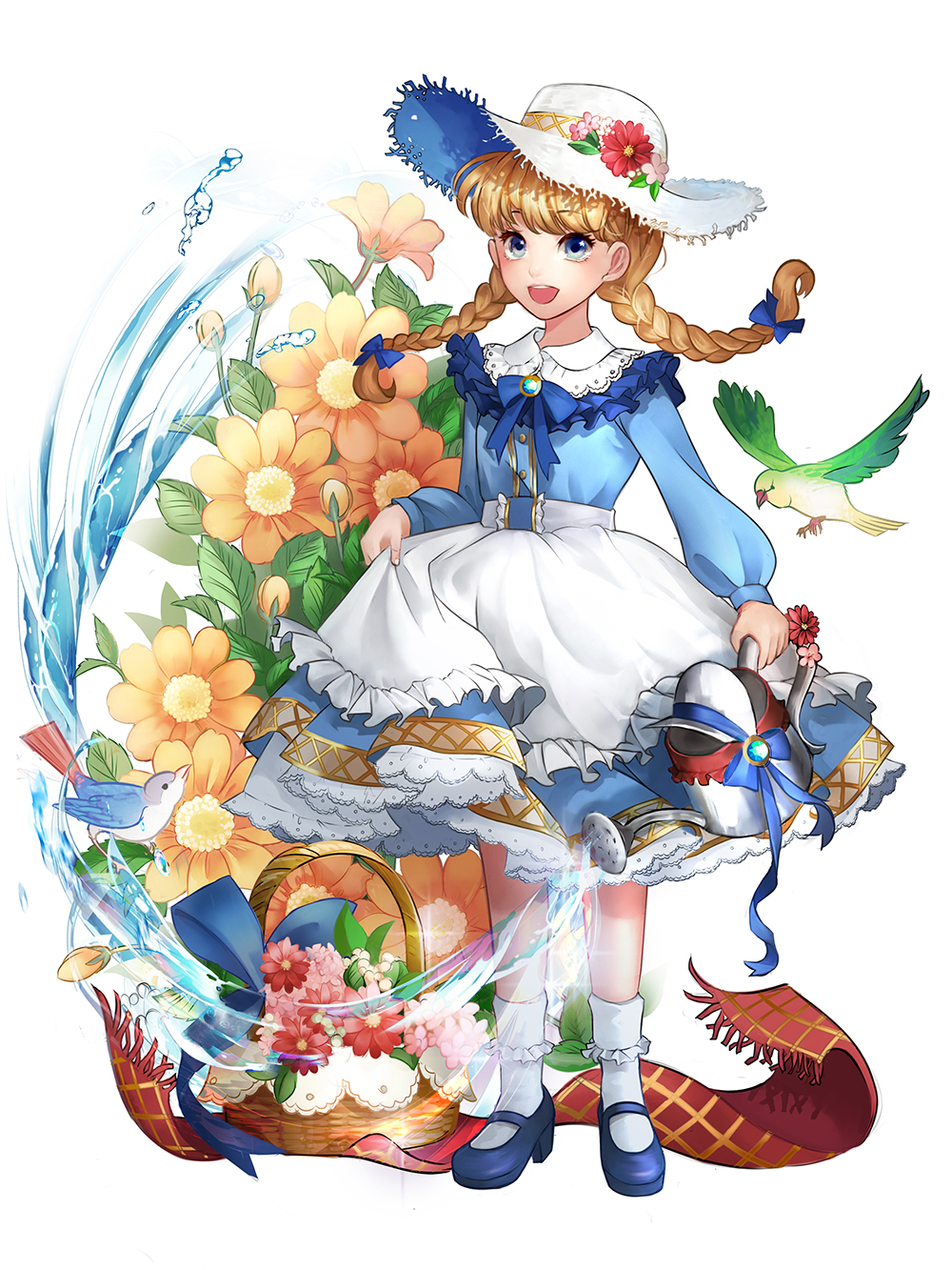 :d antweiyi basket bird black_footwear blue_dress blue_eyes bluebird bow braid dress flower hair_bow hat hat_flower highres looking_at_viewer mary_janes open_mouth shoes skirt_hold smile socks solo standing twin_braids water watering_can white_hat white_legwear