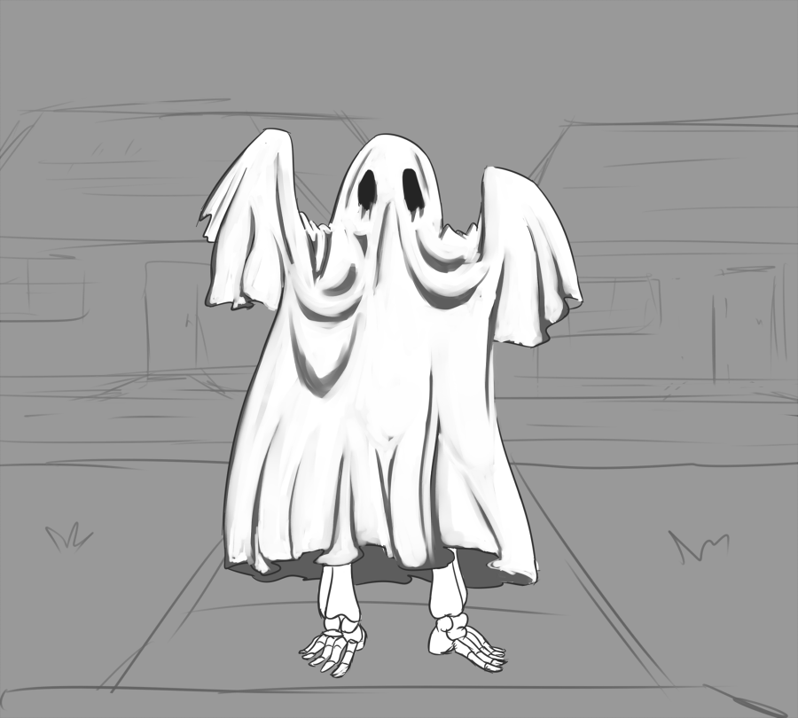 2015 ambiguous_gender animated_skeleton barefoot bone cloth costume grass greyscale halloween holidays monochrome not_furry outside road skeleton solo standing tggeko undead