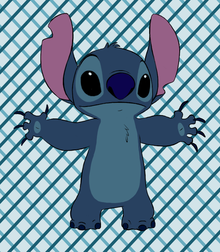 2009 3_toes 4_fingers alien black_eyes blue_claws blue_fur blue_nose chest_tuft claws digital_drawing_(artwork) digital_media_(artwork) disney experiment_(species) fur head_tuft lilo_and_stitch no_sclera nose_wrinkle notched_ear pattern_background sheeko636 simple_background solo spread_arms standing stitch striped_background toes tuft