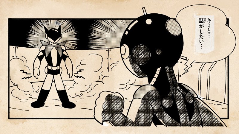 a106 atom:_the_beginning clenched_hand comic commentary_request end_card fake_scan greyscale mars_(atom:_the_beginning) monochrome no_humans official_art outside_border parody robot smoke style_parody tetsuwan_atom tezuka_osamu_(style) tsunogai