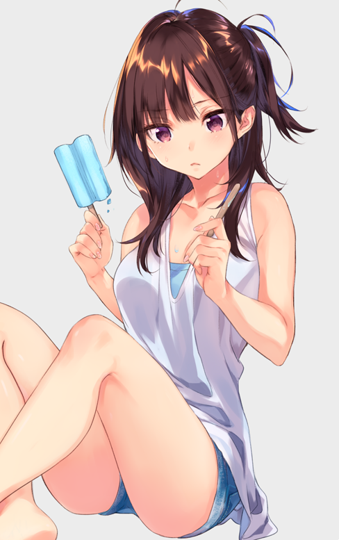 :&lt; ahoge bangs banned_artist bare_legs barefoot blouse brown_hair camisole commentary denim denim_shorts eyebrows_visible_through_hair food grey_background holding holding_food long_hair original popsicle purple_eyes short_shorts shorts sidelocks simple_background sitting solo suisen sweatdrop thighs white_blouse