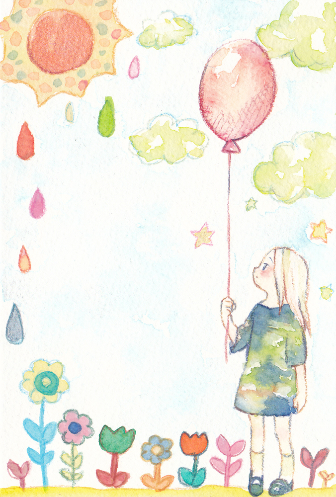 balloon child_drawing cloud colored_pencil_(medium) commentary_request flower kaga_rin looking_to_the_side outdoors socks solo standing star sun tamura_(yorlmlchl) traditional_media usagi_drop water_drop watercolor_(medium)