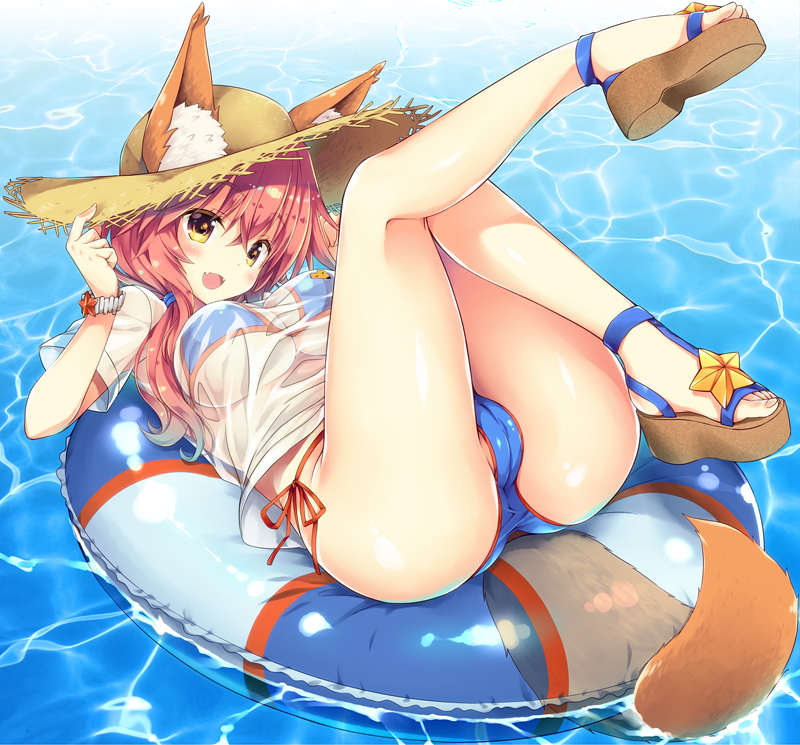 :d animal_ears ass bangs bikini blue_bikini blush breasts cameltoe commentary_request day ears_through_headwear eyebrows_visible_through_hair fangs fate/grand_order fate_(series) fox_ears fox_tail hair_between_eyes hat innertube knee_up large_breasts leg_up long_hair looking_at_viewer lying ocean on_back open_mouth outdoors pink_hair plantar_flexion sandals sasorigatame see-through shirt short_sleeves smile solo straw_hat sun_hat swimsuit t-shirt tail tamamo_(fate)_(all) tamamo_no_mae_(fate) tamamo_no_mae_(swimsuit_lancer)_(fate) thighs water wet wet_clothes wet_shirt wet_t-shirt white_shirt yellow_eyes