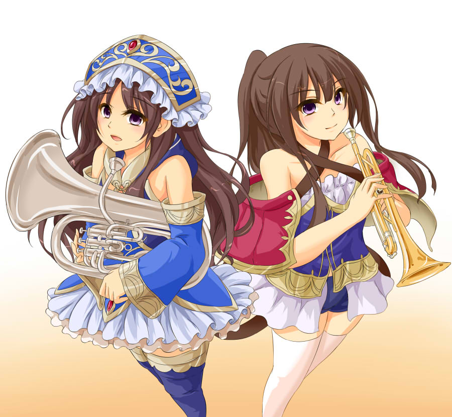 2girl aose_saratoga atelier_(series) atelier_meruru atelier_totori bare_shoulders black_hair boots brown_eyes brown_hair capelet detached_sleeves dress euphonium female hat headdress instrument long_hair mimi_houllier_von_schwarzlang multiple_girls open_mouth ponytail purple_eyes short_shorts shorts smile thigh_boots thighhighs totooria_helmold trumpet