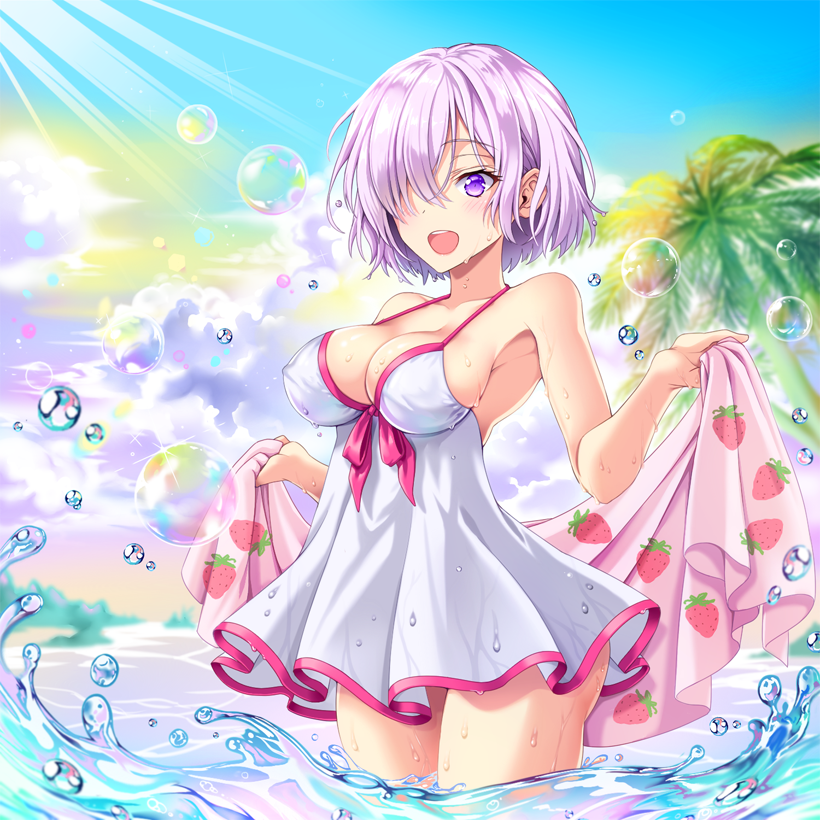 armpits bare_arms bare_shoulders blue_sky blush breasts bubble cleavage cloud cloudy_sky collarbone commentary_request cowboy_shot day dress eyebrows_visible_through_hair fate/grand_order fate_(series) food_print hair_over_one_eye holding holding_towel horizon impossible_clothes impossible_dress legs_together light_rays looking_away mash_kyrielight medium_breasts ocean open_mouth outdoors palm_tree pink_ribbon print_towel purple_eyes purple_hair ribbon shiny shiny_hair short_dress short_hair sky sleeveless sleeveless_dress solo sparkle splashing standing strawberry_print sundress sunlight towel tree uchuu_gorira wading water_drop wet wet_clothes white_dress