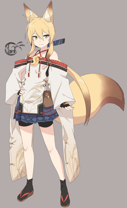 animal_ears bangs bare_shoulders belt_pouch bike_shorts black_gloves black_legwear blonde_hair blue_ribbon blue_skirt brown_hair closed_mouth commentary_request eyebrows_visible_through_hair fang fingerless_gloves fox_ears fox_girl fox_tail full_body gloves gradient_hair green_eyes grey_background hair_between_eyes hair_ribbon hand_on_hip japanese_clothes legs_apart long_hair looking_at_viewer low_ponytail magatama multicolored_hair original pleated_skirt pouch ribbon sandals shorts shorts_under_skirt simple_background skirt smile socks solo standing tail tamakagura_inari wide_sleeves yagi_(ningen)