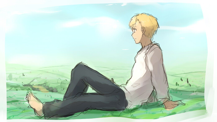 alphonse_elric arm_support barefoot black_pants cloud day frame fullmetal_alchemist grass happy knee_up landscape long_sleeves looking_afar looking_away male_focus mountain nature pants riru shirt sitting sky smile solo tree white_shirt