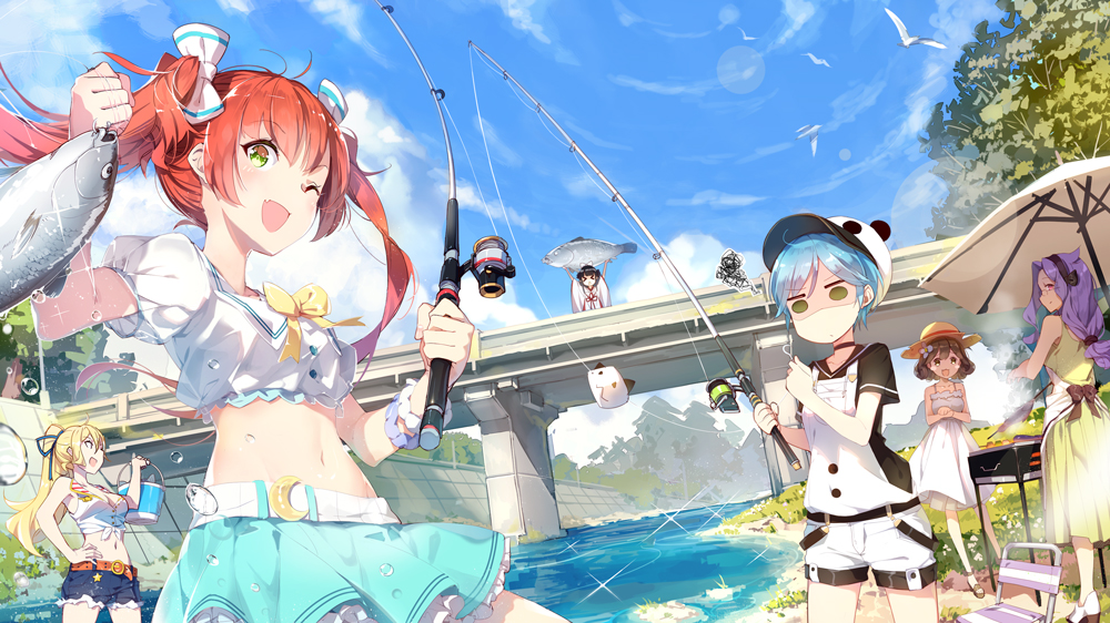 &gt;_&lt; :d ;d animal_hat apron arms_up bangs barbecue bare_shoulders baseball_cap beach_umbrella belt belt_buckle bird black_hair blonde_hair blue_hair blue_sky bow bowtie breasts bridge brown_hair bucket buckle chair character_request cleavage cloud crescent crop_top day denim denim_shorts dress eyebrows_visible_through_hair fang fish fishing fishing_hook fishing_rod flower frilled_skirt frills glasses green_eyes grill hair_bow hair_flower hair_ornament hair_ribbon hairband hand_on_hip hat holding holding_bucket jitome lens_flare lf long_hair looking_at_another looking_back medium_breasts midriff multiple_girls navel official_art one_eye_closed open_mouth outdoors ponytail puffy_short_sleeves puffy_sleeves purple_hair red_eyes red_hair ribbon river sailor_collar sandals shaded_face shaonyu_cofee_gun shirt shoes short_hair short_sleeves shorts skirt sky sleeveless sleeveless_dress small_breasts smile sparkle squiggle standing star sun_hat sundress sunlight tied_shirt tree twintails umbrella water water_drop white_dress yellow_bow yellow_neckwear