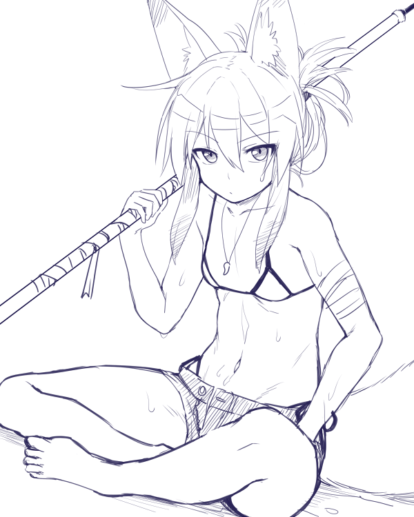 bandaged_arm bandages bangs barefoot bikini_top breasts closed_mouth collarbone commentary_request eyebrows_visible_through_hair folded_ponytail hair_between_eyes holding holding_spear holding_weapon long_hair looking_at_viewer monochrome navel original polearm shorts sidelocks sitting sketch small_breasts solo spear tamakagura_inari weapon yagi_(ningen)