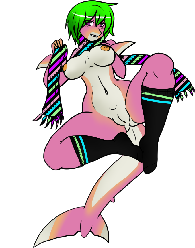 2011 anthro arm_fins biped black_legwear black_stockings breasts chalce clothing demonnyuu digital_media_(artwork) female feuerfrei fin fish front_view full-length_portrait green_hair hair legwear long_tail looking_at_viewer marine mostly_nude multicolored_skin multicolored_tail navel nipples orange_nipples pink_skin pink_tail portrait purple_eyes pussy scarf shark short_hair simple_background solo stockings tail_fin white_background white_skin white_tail