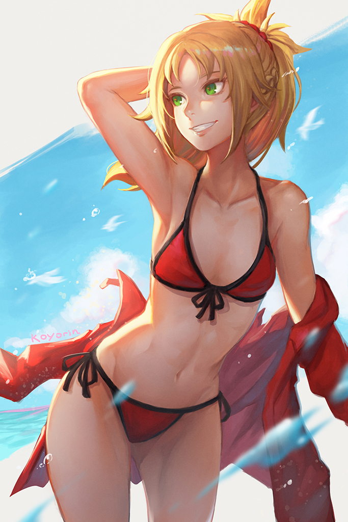arm_behind_head armpits bare_shoulders bikini bird blonde_hair blue_sky braid breasts cloud collarbone commentary_request day fate/grand_order fate_(series) green_eyes hair_ornament hair_scrunchie jacket koyorin leaning_forward long_hair looking_to_the_side mordred_(fate)_(all) mordred_(swimsuit_rider)_(fate) motion_blur navel parted_lips ponytail red_bikini red_jacket red_scrunchie scrunchie shiny shiny_hair side-tie_bikini sky small_breasts smile solo standing swimsuit teeth water water_drop
