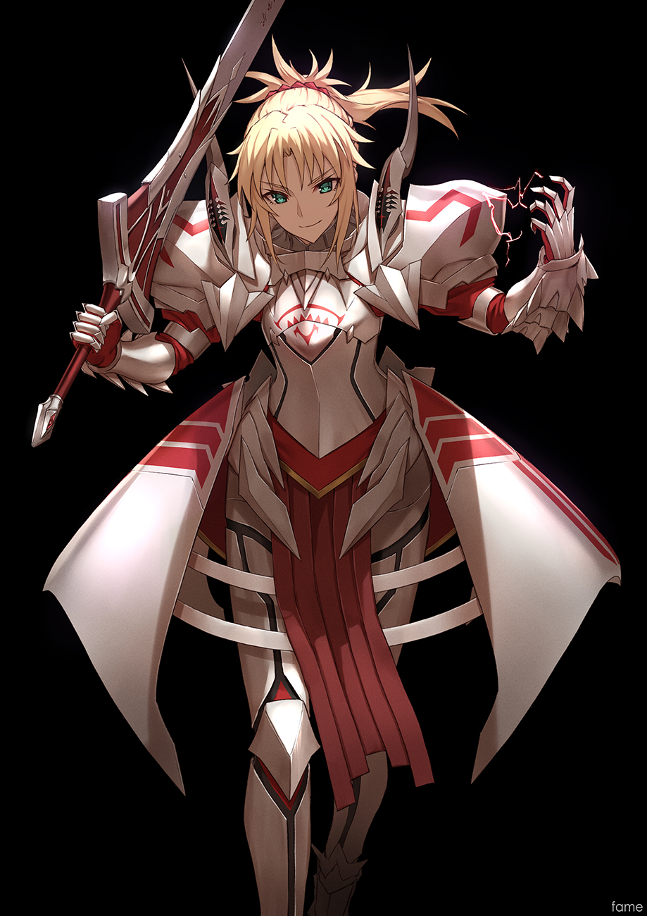 aqua_eyes armor black_background blonde_hair clarent famepeera fate/apocrypha fate_(series) gauntlets highres holding holding_sword holding_weapon long_hair looking_at_viewer md5_mismatch mordred_(fate) mordred_(fate)_(all) ponytail simple_background smile solo sword weapon