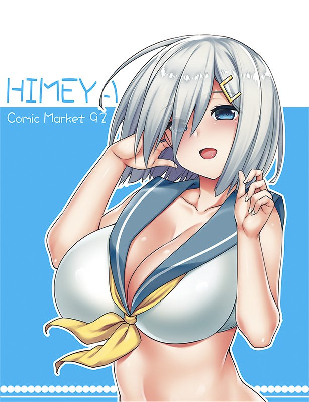 abe_inori adapted_costume adjusting_hair bare_arms blue_eyes blush breasts cleavage collarbone commentary_request hair_ornament hair_over_one_eye hairclip hamakaze_(kantai_collection) hands_up kantai_collection large_breasts looking_at_viewer midriff neckerchief open_mouth sailor_collar short_hair silver_hair smile solo upper_body white_bikini_top yellow_neckwear
