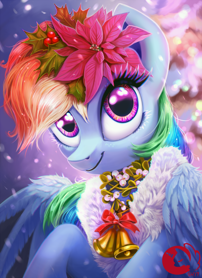 2017 blue_feathers equine feathered_wings feathers feral flower flower_in_hair friendship_is_magic hair mammal multicolored_hair my_little_pony pegasus plant rainbow_dash_(mlp) rainbow_hair smile solo sorcerushorserus wings