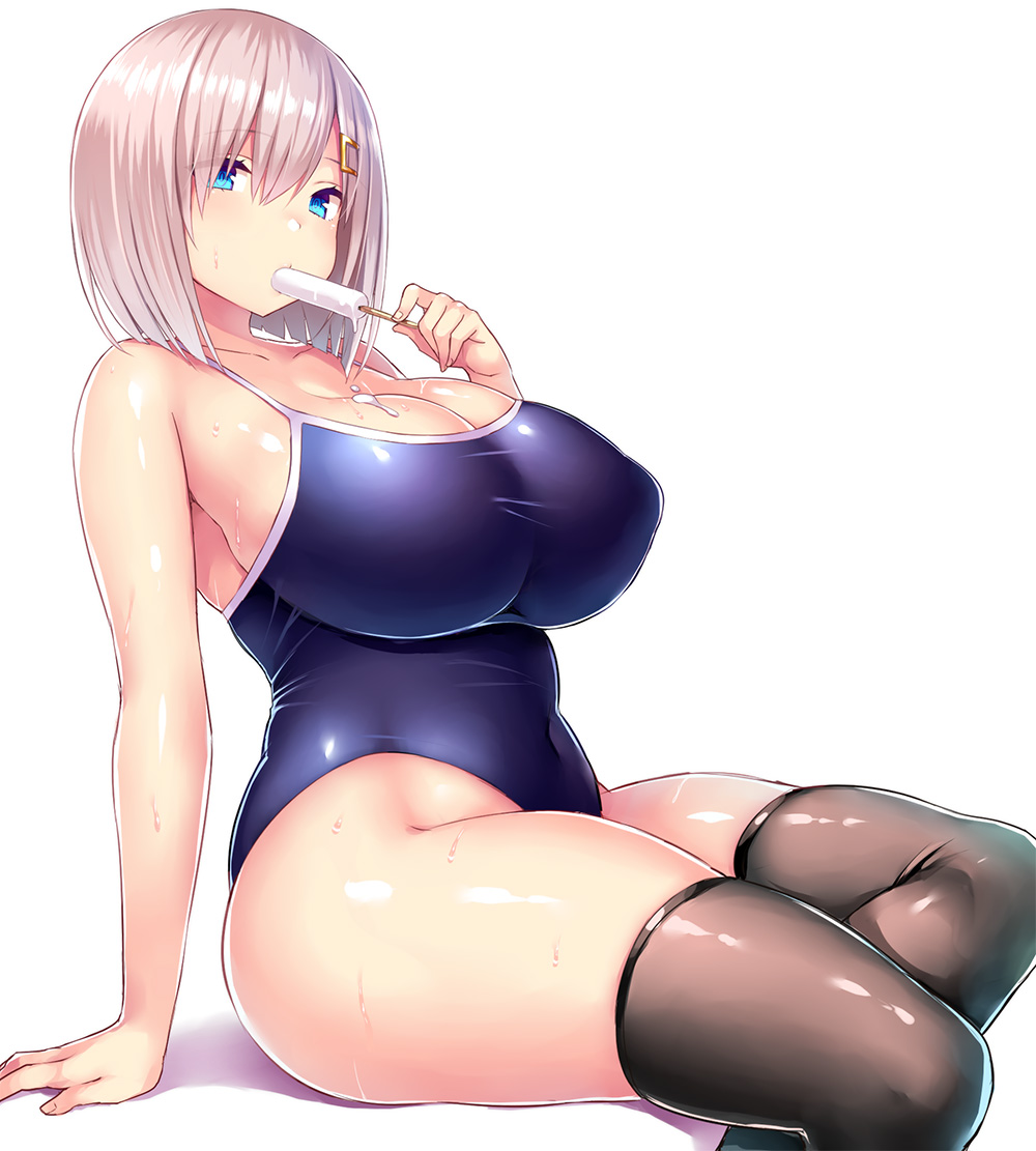 alternate_costume arm_support belly blue_eyes breasts cleavage collarbone competition_school_swimsuit covered_nipples curvy food food_in_mouth food_on_body hair_ornament hairclip hamakaze_(kantai_collection) huge_breasts impossible_clothes kantai_collection looking_at_viewer navel one-piece_swimsuit plump popsicle school_swimsuit sexually_suggestive shadow shiny shiny_clothes short_hair silver_hair simple_background sitting skindentation solo swimsuit taut_clothes thick_thighs thighhighs thighs tsukumiya_amane white_background