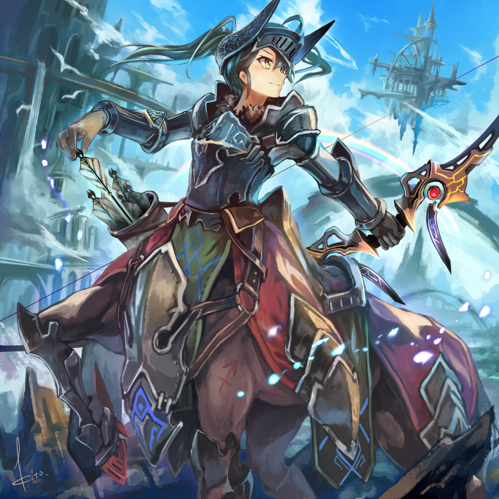 armored_boots arrow blue_sky boots bow bow_(weapon) castle centaur commentary_request day floating full_armor green_hair helmet horned_headwear kantai_collection kito_(kito2) leg_armor long_hair monster_girl monsterification quiver sagittarius sidelocks sky smile solo twintails weapon yellow_eyes zodiac zuikaku_(kantai_collection)