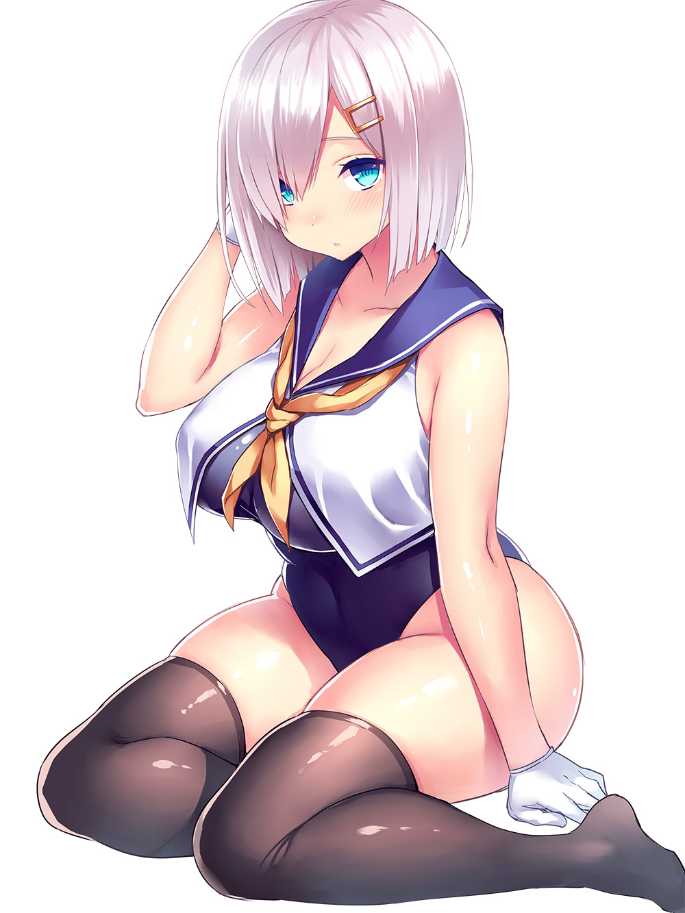 alternate_costume arm_at_side black_legwear blue_swimsuit blush breasts cleavage collarbone colored_eyelashes covered_navel crop_top crop_top_overhang gloves hair_ornament hair_over_one_eye hairclip hamakaze_(kantai_collection) hand_in_hair hand_up highres kantai_collection large_breasts looking_at_viewer sailor_collar school_swimsuit shiny shiny_skin shirt short_hair silver_hair simple_background sitting skin_tight sleeveless sleeveless_shirt solo swimsuit swimsuit_under_clothes thick_thighs thighhighs thighs tsukumiya_amane white_background white_gloves white_shirt yokozuwari