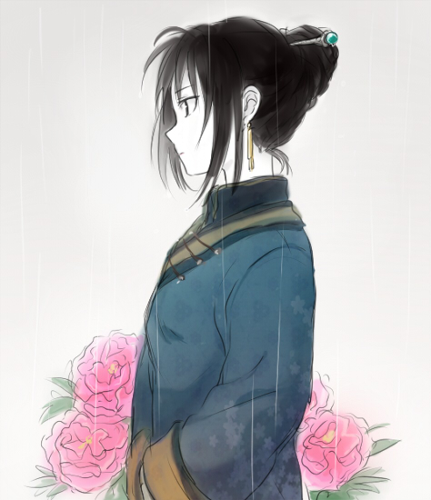 black_eyes black_hair chinese_clothes earrings expressionless eyebrows_visible_through_hair flower from_side fullmetal_alchemist grey_background hair_bun hair_ornament hair_stick hand_in_pocket jewelry lan_fan looking_away pale_skin profile rain riru rose simple_background solo tied_hair water_drop