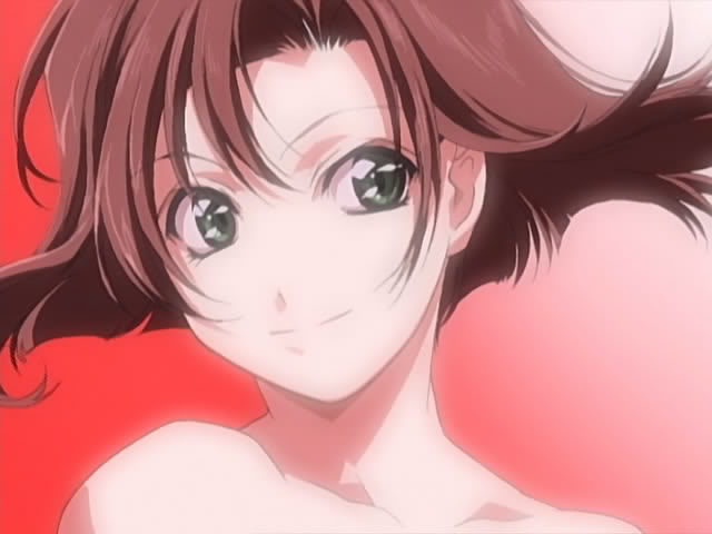 1girl bare_shoulders brown_hair closed_mouth collarbone female floating_hair green_eyes looking_at_viewer neck red_background short_hair smile solo tsujimoto_natsumi upper_body you're_under_arrest