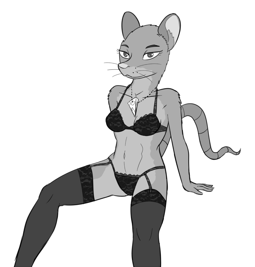 2015 anthro arm_support bedroom_eyes bojack_horseman bra breasts cheese clothed clothing female food garter_belt garter_straps greyscale half-closed_eyes jewelry legwear lingerie looking_at_viewer mammal mia_mckibben monochrome mouse navel necklace panties rodent seductive sitting smile solo stockings tggeko underwear whiskers