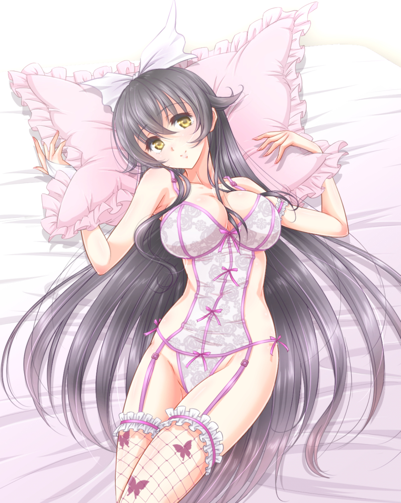 ayumu_(ayumumkrg) bed_sheet black_hair bow breasts collarbone cowboy_shot fishnet_legwear fishnets flower_knight_girl frills from_above hair_bow large_breasts lingerie long_hair lying on_back pillow smile solo thigh_strap thighhighs tsukimisou_(flower_knight_girl) underwear very_long_hair white_bow yellow_eyes