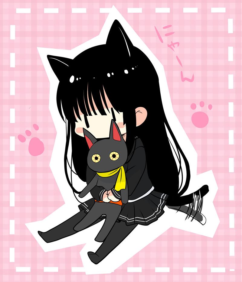 animal_ears black_hair blush_stickers cat_ears cat_tail chibi izumi_makoto long_hair object_hug original pantyhose pleated_skirt scarf school_uniform serafuku sitting skirt stuffed_animal stuffed_cat stuffed_toy tail tail_wagging