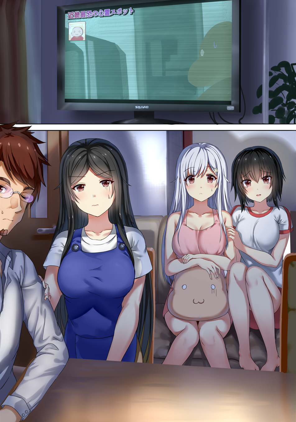 3girls aldehyde barefoot black_hair brand_name_imitation breasts brown_hair cleavage collarbone commentary couch dark facial_hair family glasses goatee gym_shirt highres imoko_(neeko's_sister) indoors large_breasts long_hair medium_breasts multiple_girls neeko neeko's_father neeko's_mother original plant red_eyes sharp_corporation shirt short_hair short_sleeves silver_hair sitting sleeveless sweat tears television translated watching_television