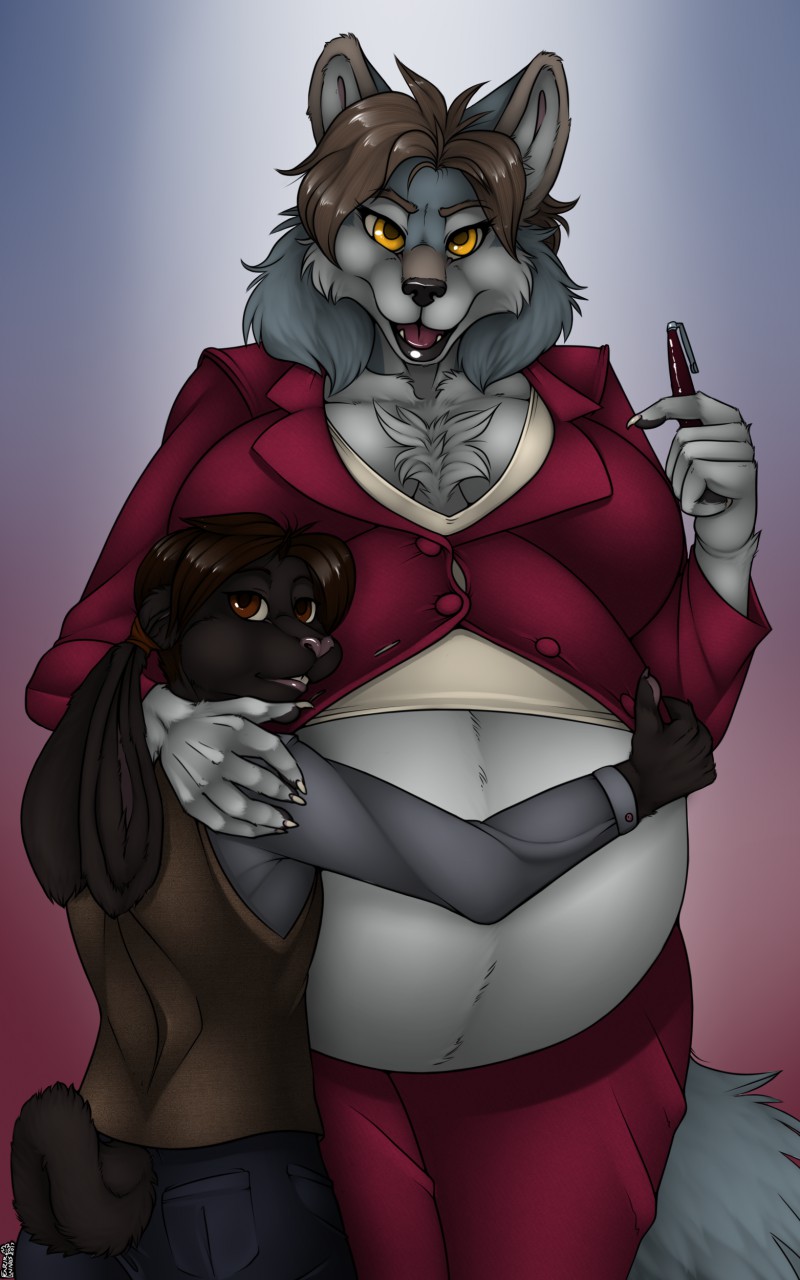 anthro canine duo female fenrir_lunaris girly hug lagomorph looking_at_viewer male mammal open_mouth pregnant rabbit standing