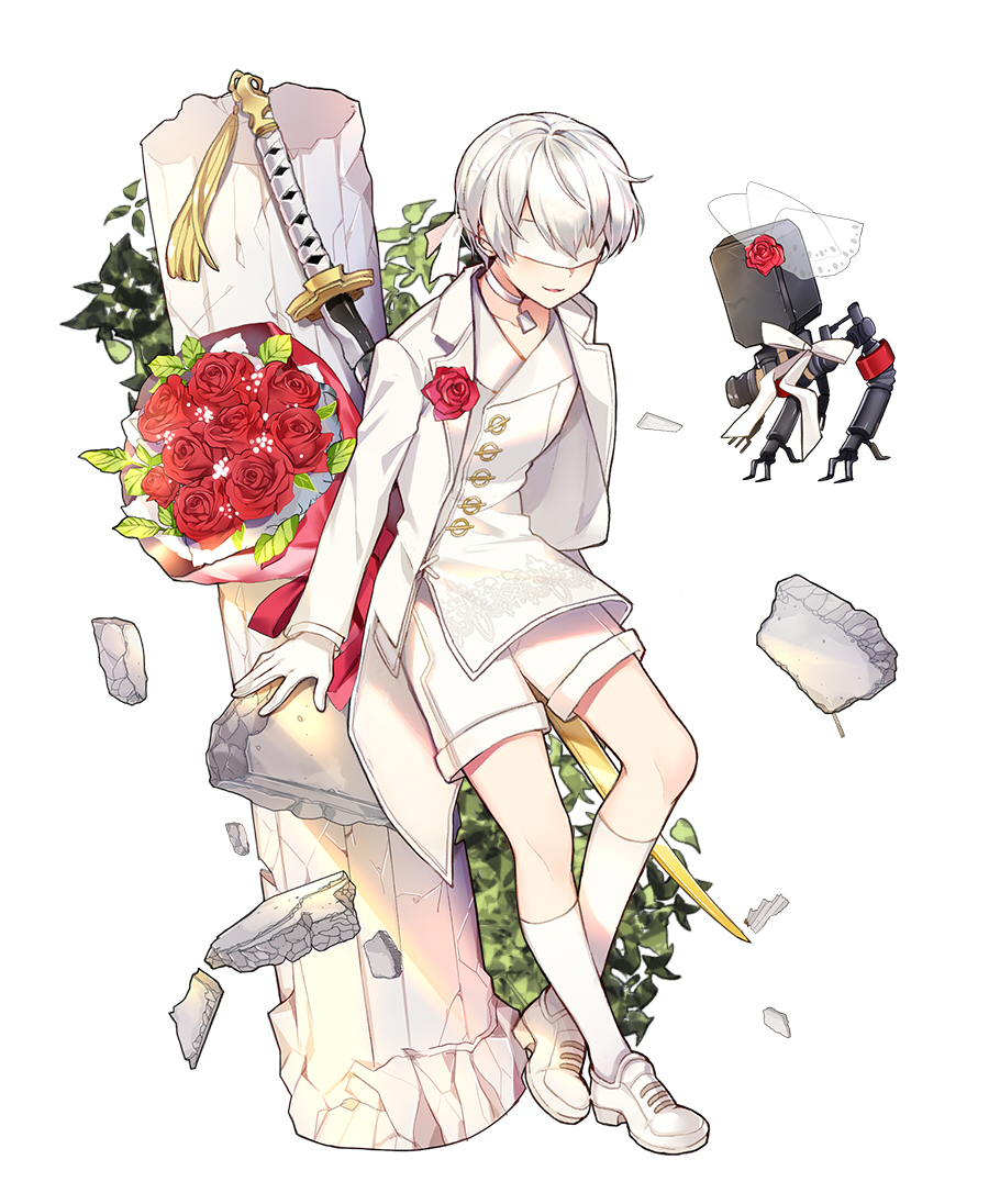 bangs blindfold bouquet bow bridal_veil choker collarbone covered_eyes drone floating flower full_body gloves hair_flower hair_ornament jacket katana kneehighs leaf long_sleeves machinery male_focus nier_(series) nier_automata parted_lips pingo plant pod_(nier_automata) red_flower red_rose ribbon robot rose shoes short_hair shorts silver_hair simple_background smile sword tassel veil weapon weapon_on_back white_background white_bow white_choker white_footwear white_gloves white_jacket white_legwear white_ribbon white_shorts yorha_no._9_type_s