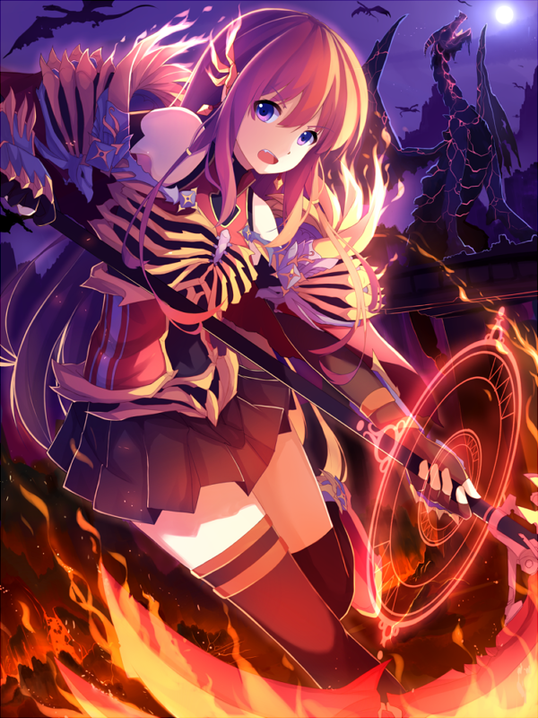 angry animal armor battle brown_hair dragon dress fire long_hair looking_at_viewer magic molten_rock moon night open_mouth original purple_eyes riki_(archf) royal_ruby_slayer spit thighhighs weapon