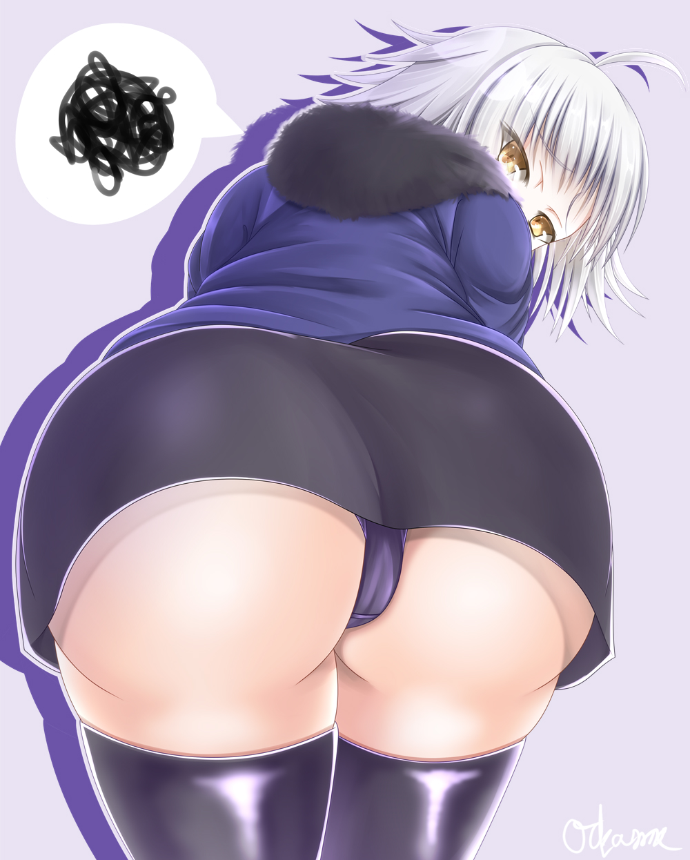 1girl ass dress embarrassed fate/grand_order fate_(series) from_behind from_below fur_trim huge_ass jacket jeanne_alter leaning leaning_forward looking_at_viewer looking_back looking_down okame panties pantyshot ruler_(fate/apocrypha) shiny shiny_clothes shiny_hair shiny_skin short_dress short_hair silver_hair solo thighhighs underwear upskirt