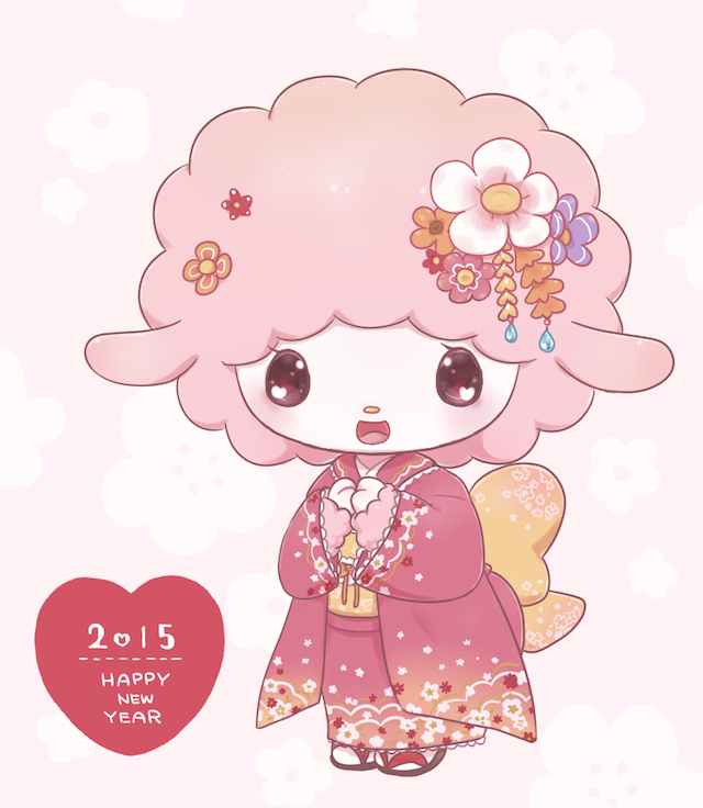 &lt;3 2015 beady_eyes blush bow caprine clothing cute female happy holidays japanese_clothing kimono mammal my_sweet_piano new_year please_my_melody pyonko sanrio sheep solo standing text wool