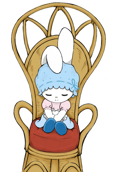 2008 apron chair clothing eyes_closed female footwear fur lagomorph long_ears mammal mature_female mother my_melody's_mother parent please_my_melody rabbit sanrio shoes sitting smile solo white_fur 晃一