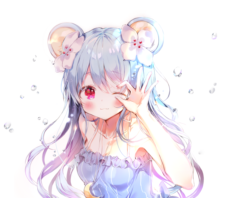 ;3 animal_ears b_rock bad_id bad_pixiv_id bangs bare_arms bare_shoulders blue_hair blush breasts camisole closed_mouth crescent eyebrows_visible_through_hair flower hair_between_eyes hair_flower hair_ornament jewelry long_hair looking_at_viewer medium_breasts mouse_ears necklace one_eye_closed original red_eyes smile upper_body water_drop white_background