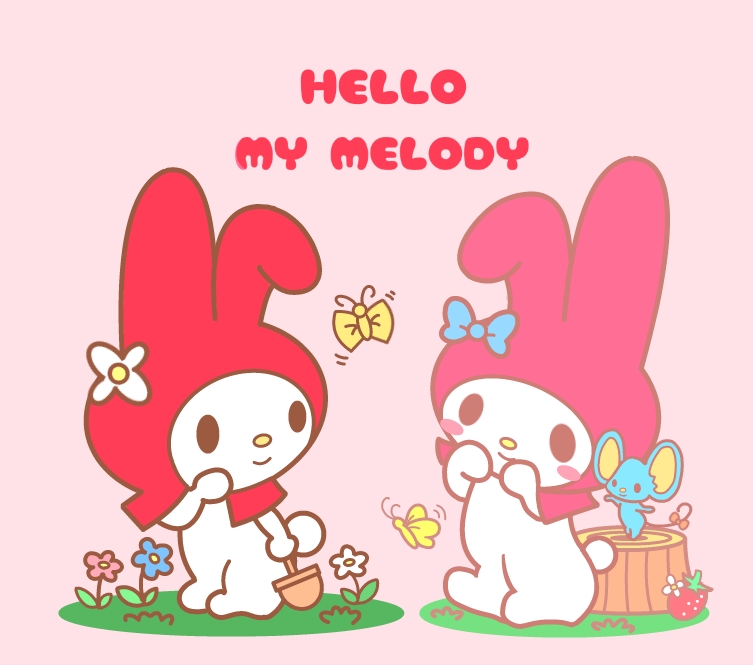 2015 arthropod basket beady_eyes blue_fur blush bow butterfly cute duo female flat_(sanrio) flower food fruit fur hood insect male mammal mouse my_melody plant please_my_melody ribbons rodent sanrio size_difference smile strawberry tree_stump waving white_fur れめでぃ