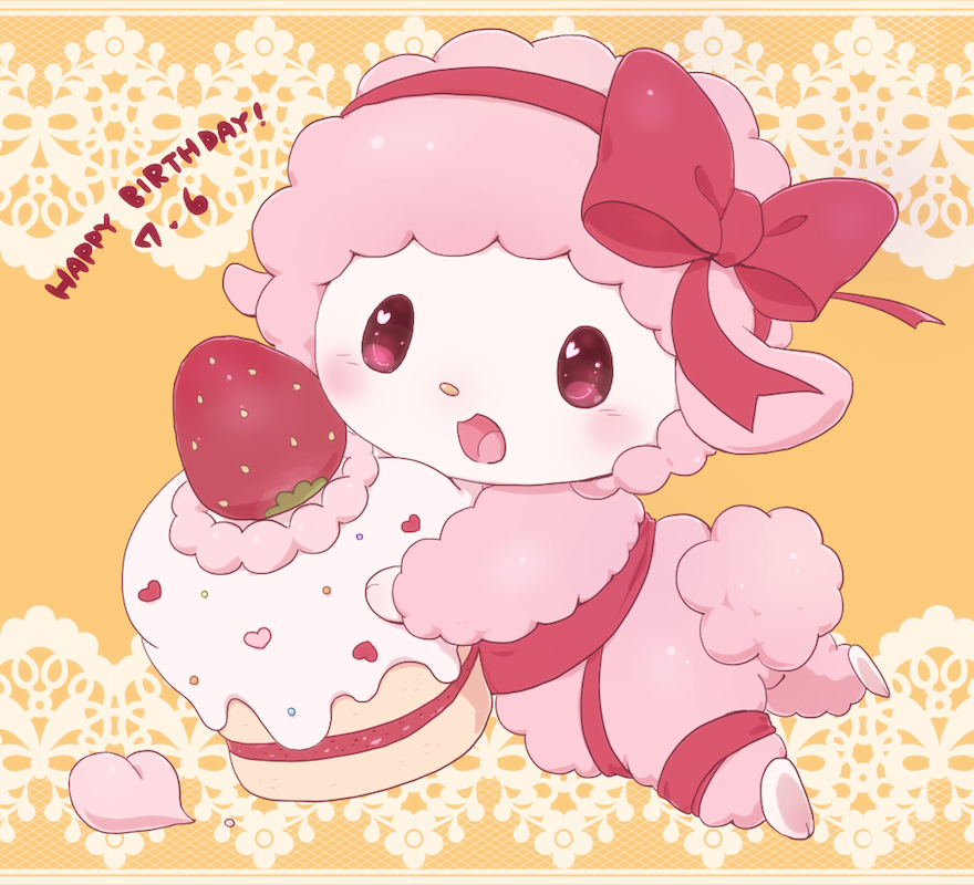 &lt;3 &lt;3_eyes blush cake caprine cute female food fruit mammal my_sweet_piano please_my_melody pose pyonko sanrio sheep solo strawberry text wool