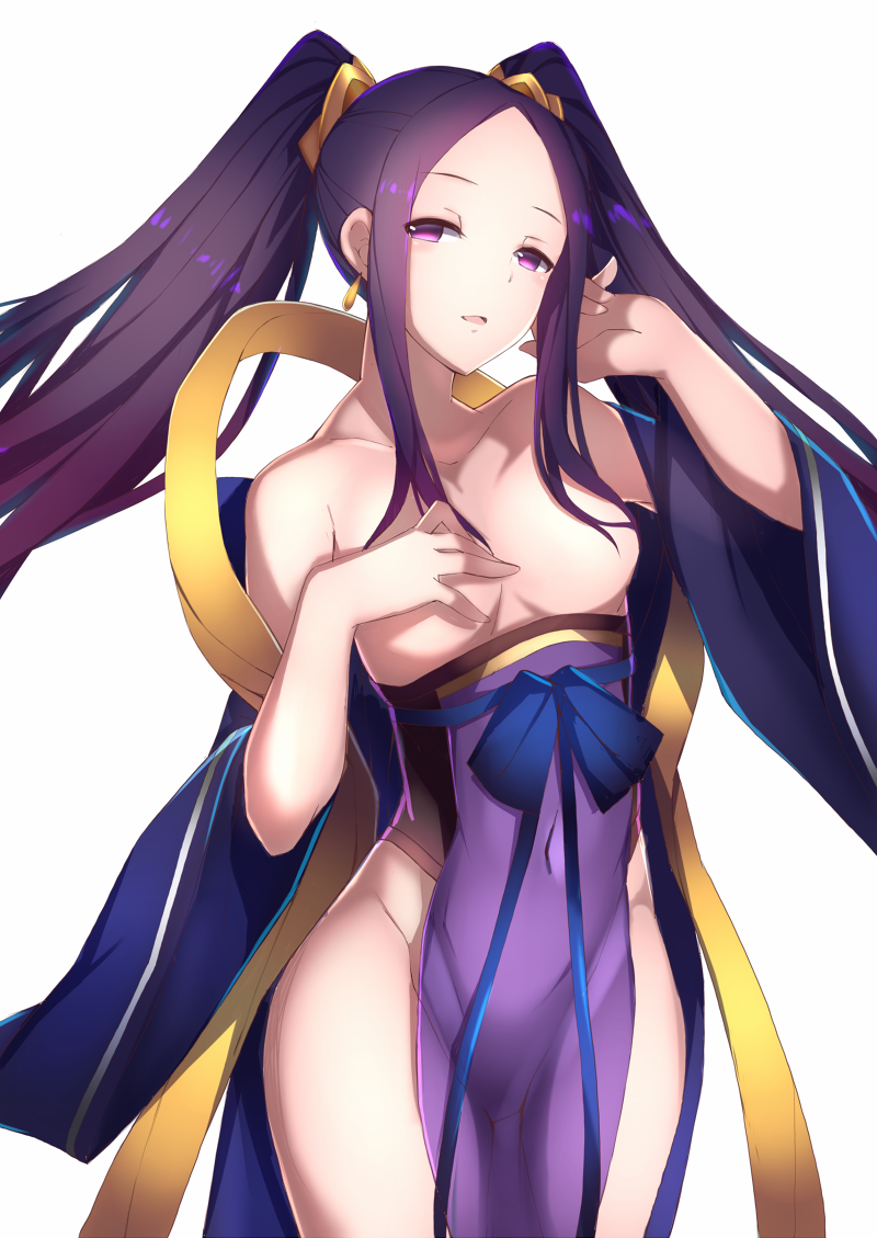 bow breasts chinese_clothes covered_navel earrings fate/grand_order fate_(series) hair_censor hanfu jewelry long_hair long_sleeves looking_at_viewer off_shoulder open_mouth pelvic_curtain purple_eyes purple_hair saisarisu sash shawl skindentation small_breasts smile solo twintails very_long_hair white_background wide_sleeves wu_zetian_(fate/grand_order)