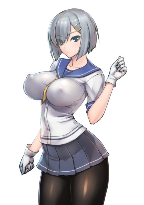 black_legwear blue_eyes breasts commentary_request covered_nipples gloves hair_ornament hair_over_one_eye hairclip hamakaze_(kantai_collection) impossible_clothes impossible_shirt kantai_collection large_breasts looking_at_viewer pantyhose pleated_skirt rindou_(radical_dream) school_uniform serafuku shirt short_hair silver_hair skirt solo white_gloves
