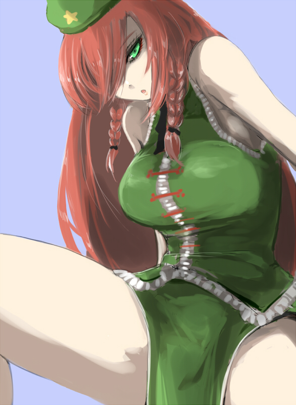 bare_arms bare_legs braid breasts dress ginji_(sakaki_summer) green_dress green_eyes green_hat hair_over_one_eye hat hong_meiling large_breasts lavender_background long_hair looking_at_viewer open_mouth parted_lips red_hair side_slit simple_background sitting sleeveless solo thick_thighs thighs touhou twin_braids