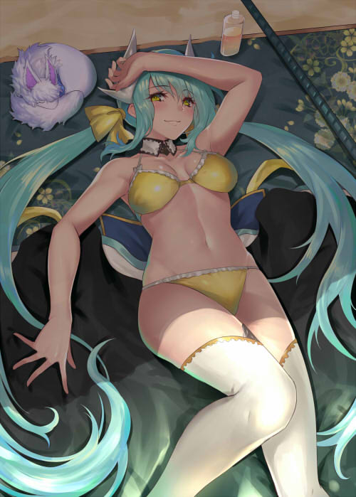 arm_up armpits bare_shoulders bikini blush covered_nipples detached_collar eyebrows_visible_through_hair fate/grand_order fate_(series) fou_(fate/grand_order) green_hair hair_between_eyes horns jpeg_artifacts kiyohime_(fate/grand_order) kiyohime_(swimsuit_lancer)_(fate) long_hair looking_at_viewer lying navel on_back oukawa_yuu swimsuit thighhighs twintails very_long_hair white_legwear yellow_bikini yellow_eyes
