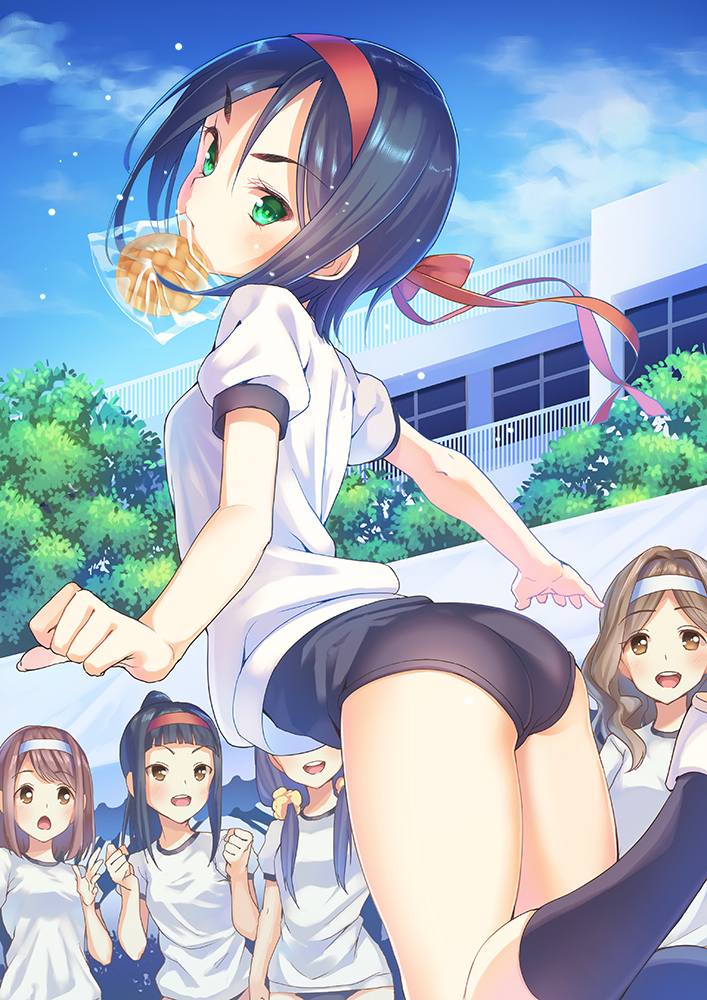 :d :o ass black_hair black_legwear blue_hair blush bouzu_(bonze) bread bread_eating_race brown_eyes brown_hair buruma cheering chestnut_mouth commentary day eyebrows_visible_through_hair food from_side green_eyes gym_uniform hair_ornament hair_scrunchie hairband hands_up hidden_face kneehighs looking_at_another looking_at_viewer looking_back low_twintails melon_bread mouth_hold multiple_girls open_mouth original outdoors ponytail school school_swimsuit scrunchie shoes sidelocks smile solo_focus swimsuit teeth thighs twintails wavy_hair white_footwear