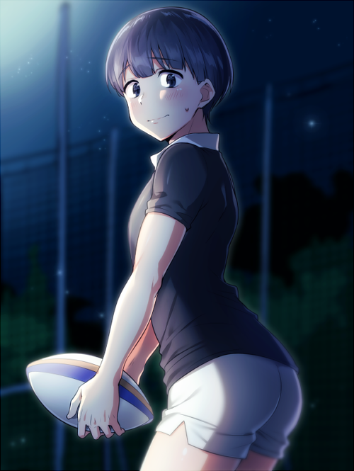 all_out!! bad_id bad_pixiv_id black_eyes black_hair blush bowl_cut cowboy_shot fence kifune_isao male_focus night rugby_ball rugby_uniform short_sleeves shorts solo sportswear sweatdrop tsuchiya_(1315444) wavy_mouth